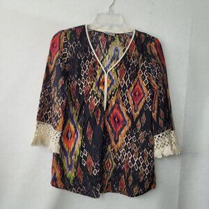 Sydney Gregory Top Womens S Boho Diamond Print Crochet Net Trim Rayon Boho Tunic
